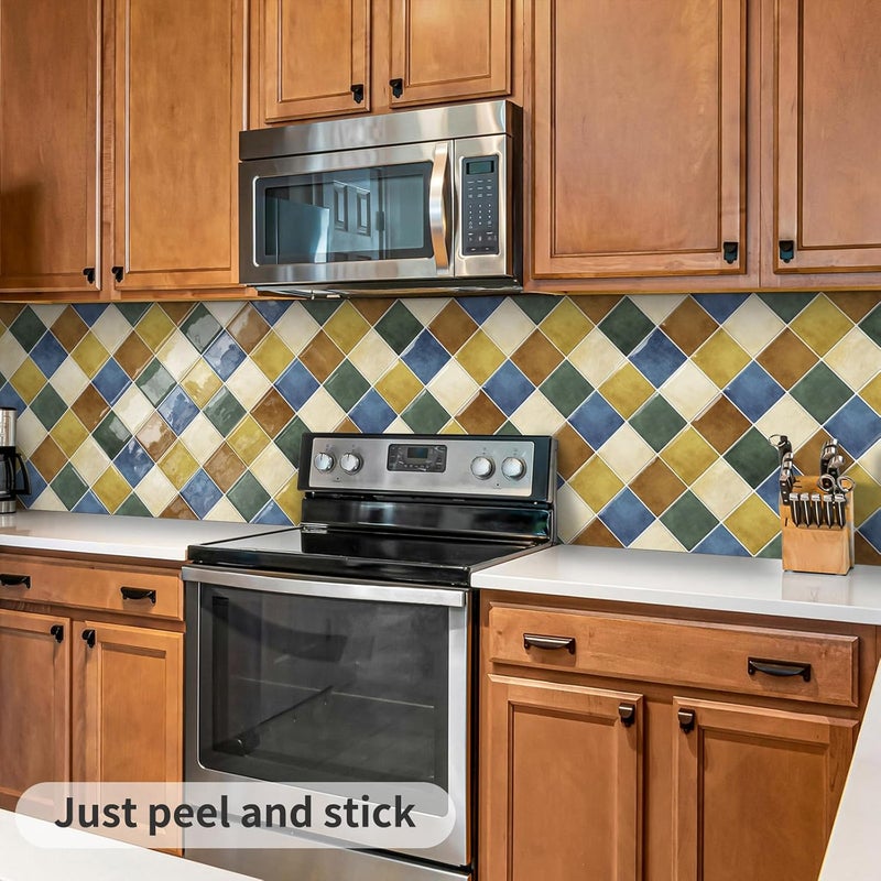DEWOO Colorful Peel and Stick Backsplash Tiles Kitchen Bathroom Square Self Adhesive Wall Tile Checkerboard Checkered Stickers,Multicolor (10-Sheet, 12"×12") - Image 4